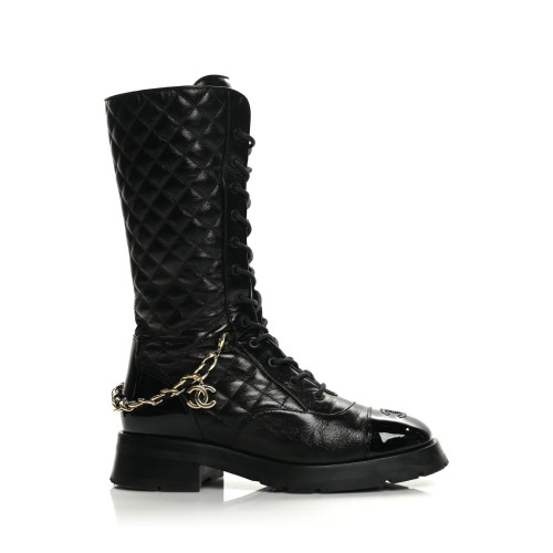 CHANEL CC Chain Quilting Lace-Up Long Boots