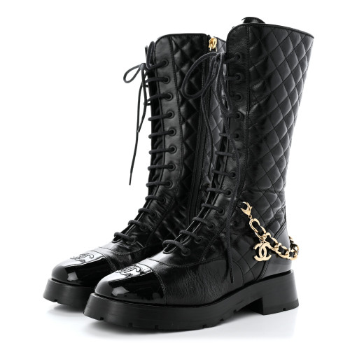 CHANEL CC Chain Quilting Lace-Up Long Boots