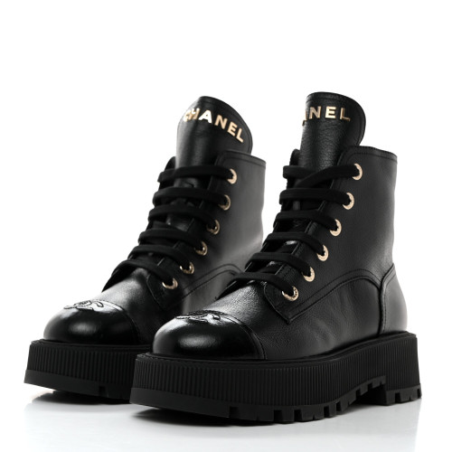 CHANEL Logo Lettering Combat Boots