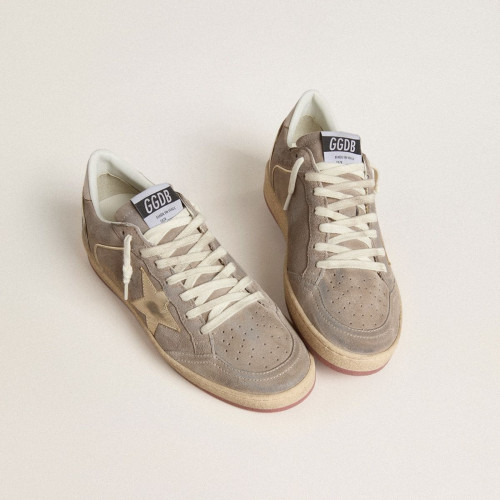 Golden Goose Womens Ball Star in beige suede with gold metallic leather star and bead lettering