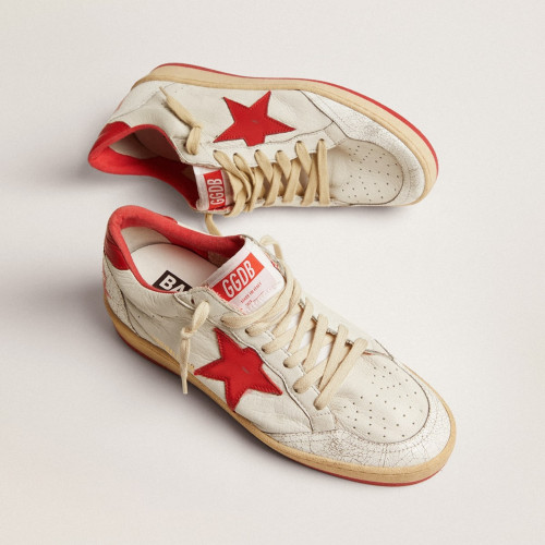 Golden Goose Womens Ball Star in white leather with red star and heel tab