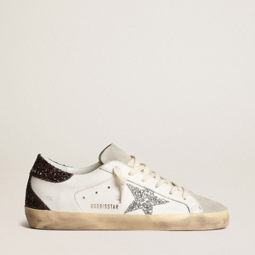 Golden Goose Womens Super-Star with silver star and brown glitter heel tab