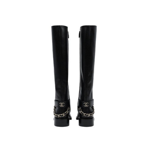 CHANEL Black Gold-Tone Chain Riding Boots