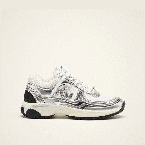 CHANEL Chassis Sneakers Fabric Laminated White Silver