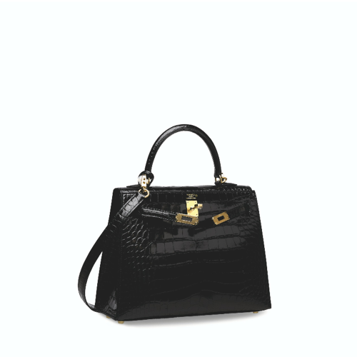 Hermes Kelly 25 Noir Glossy Alligator Gold