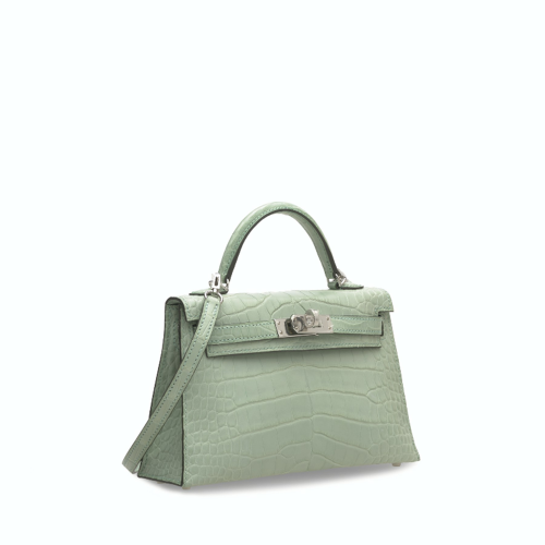 Hermes Kelly II Mini Matte Alligator Vert fizz Silver