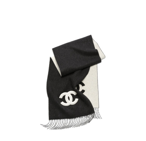 CHANEL Muffler Cashmere Shearling Lambskin & Black Ecru