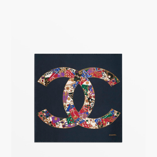 CHANEL MINI BANDANA Silk Satin Navy Blue Golden & Multicolor
