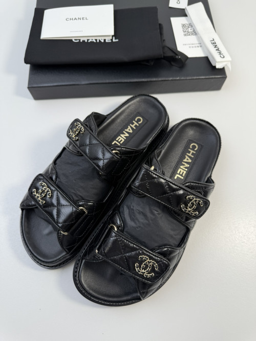 송X미님 CC 로고 퀼팅 레더 벨크로 슬라이드 샌들