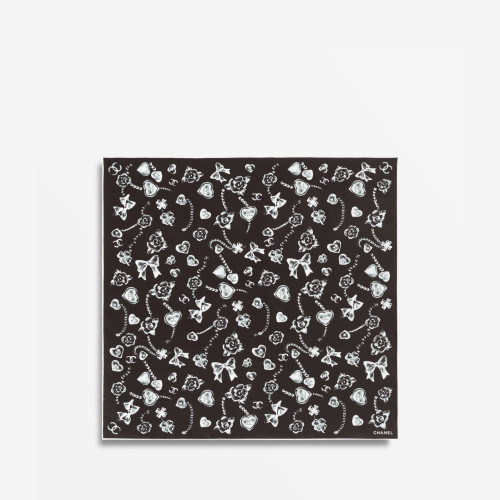 CHANEL SQUARE SCARF Silk Twill Black & White