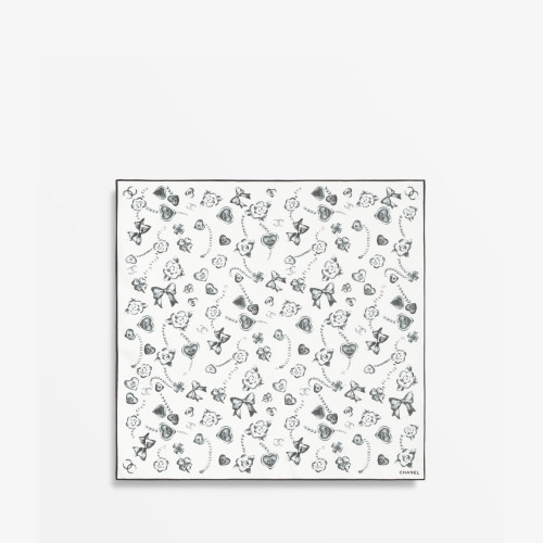 CHANEL SQUARE SCARF Silk Twill White & Black