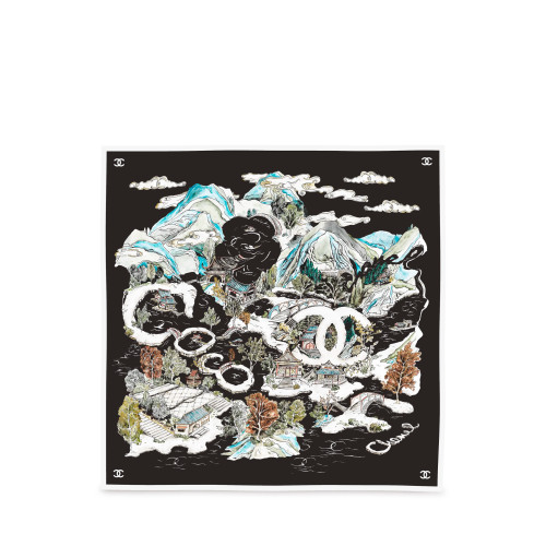 CHANEL Square Scarf Silk Twill & Black Multicolor White